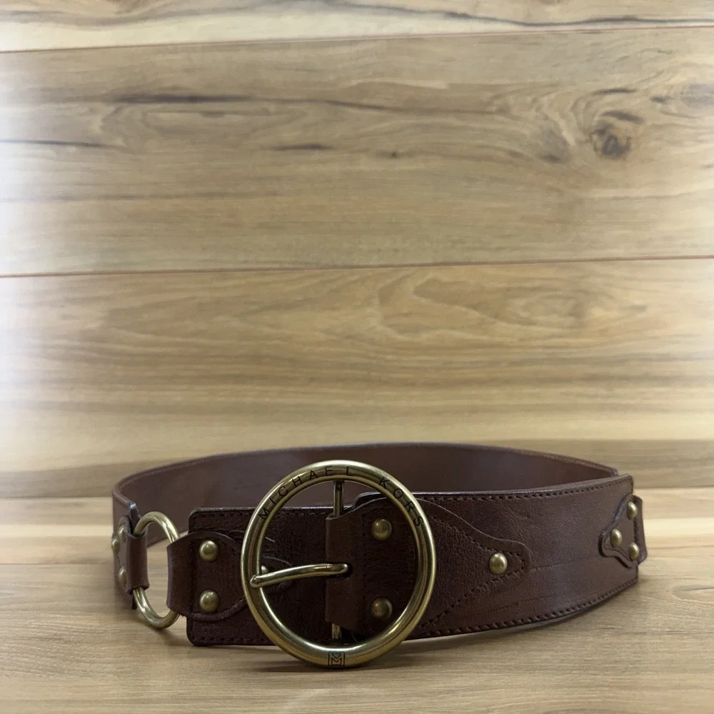 Michael Kors Women's Y2K Vintage Wide Belt Size L Brown Leather Boho Festival